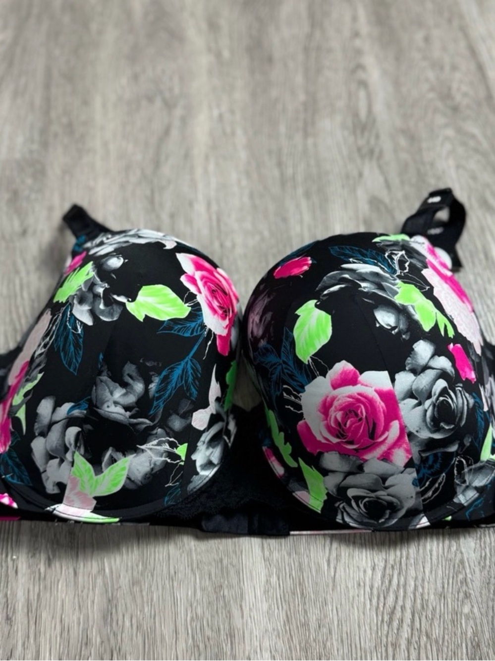 Floral Padded Bra in Black with Pink Roses